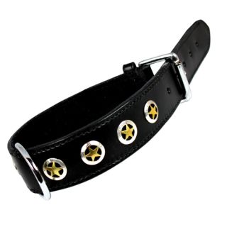 Fodrat läderhalsband med beslag och dekor i krom, 55cm x 40mm