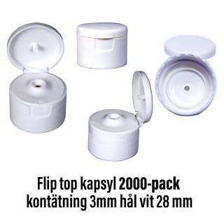 Flip top kapsyl 2000-pack kontätning 3mm hål vit 28 mm